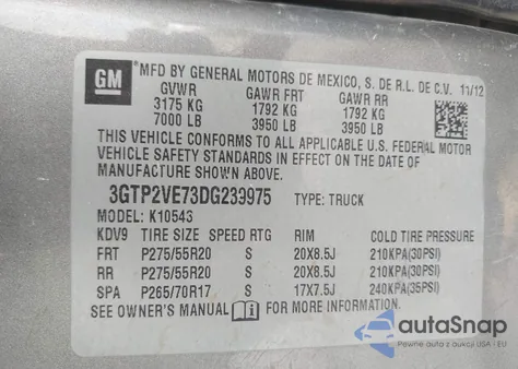 2013 GMC Sierra 1500 Sle z USA, uszkodzony, nr VIN 3GTP2VE73DG239975